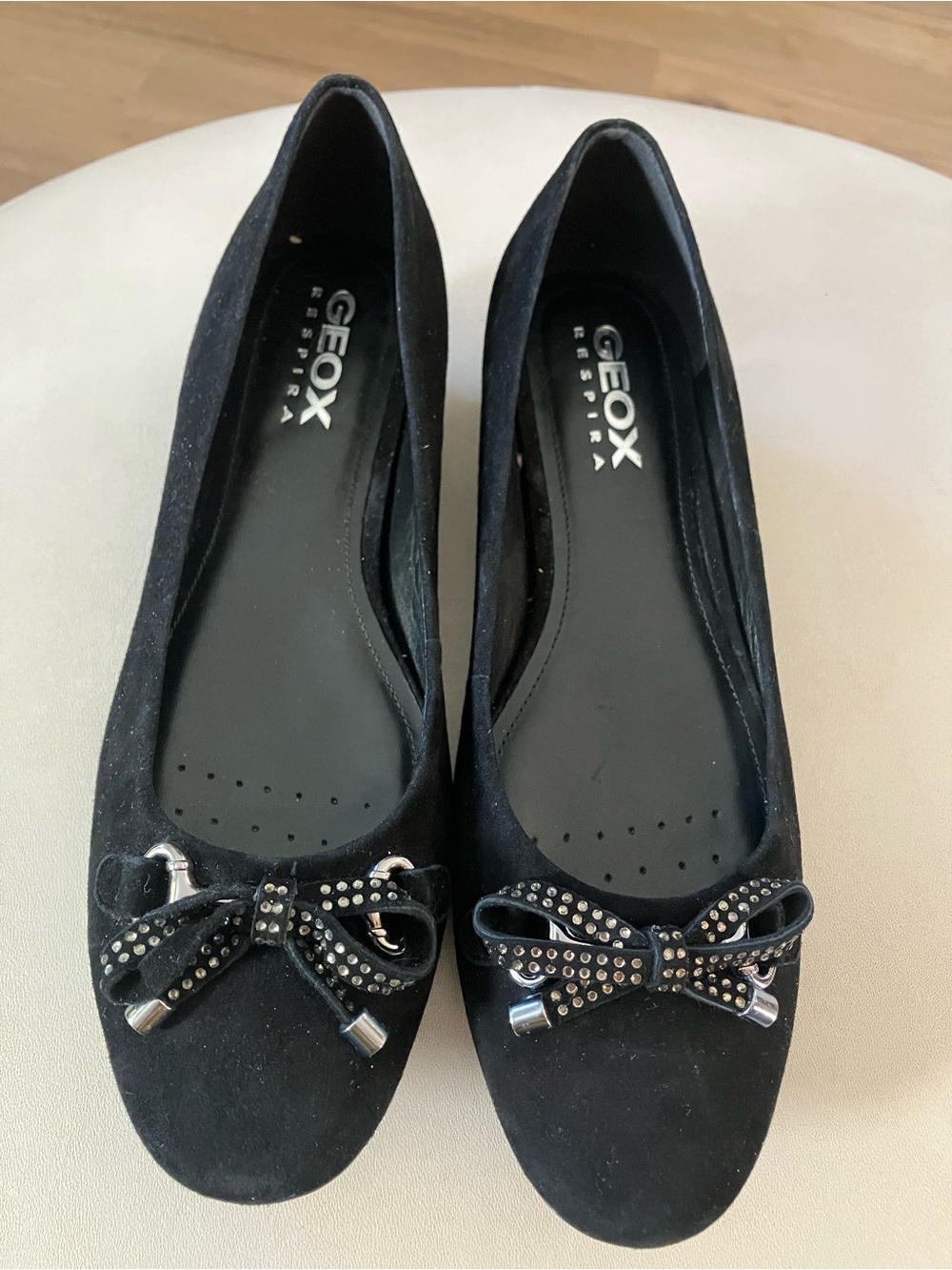 Geox Black Suede Studded Bow Flats
